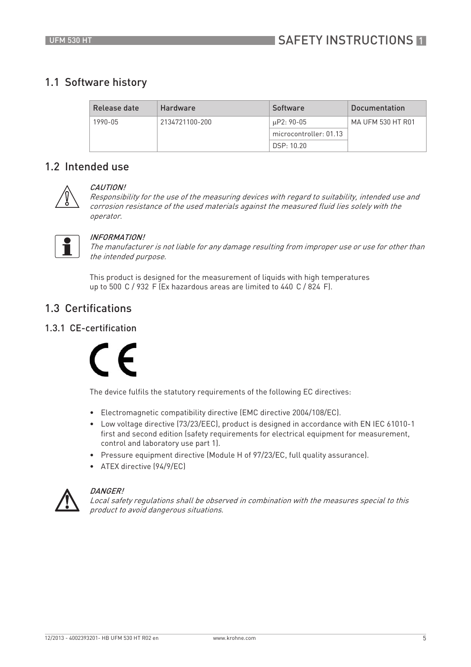 Safety instructions, 1 software history 1.2 intended use, 3 certifications | KROHNE UFM 530 HT EN User Manual | Page 5 / 68