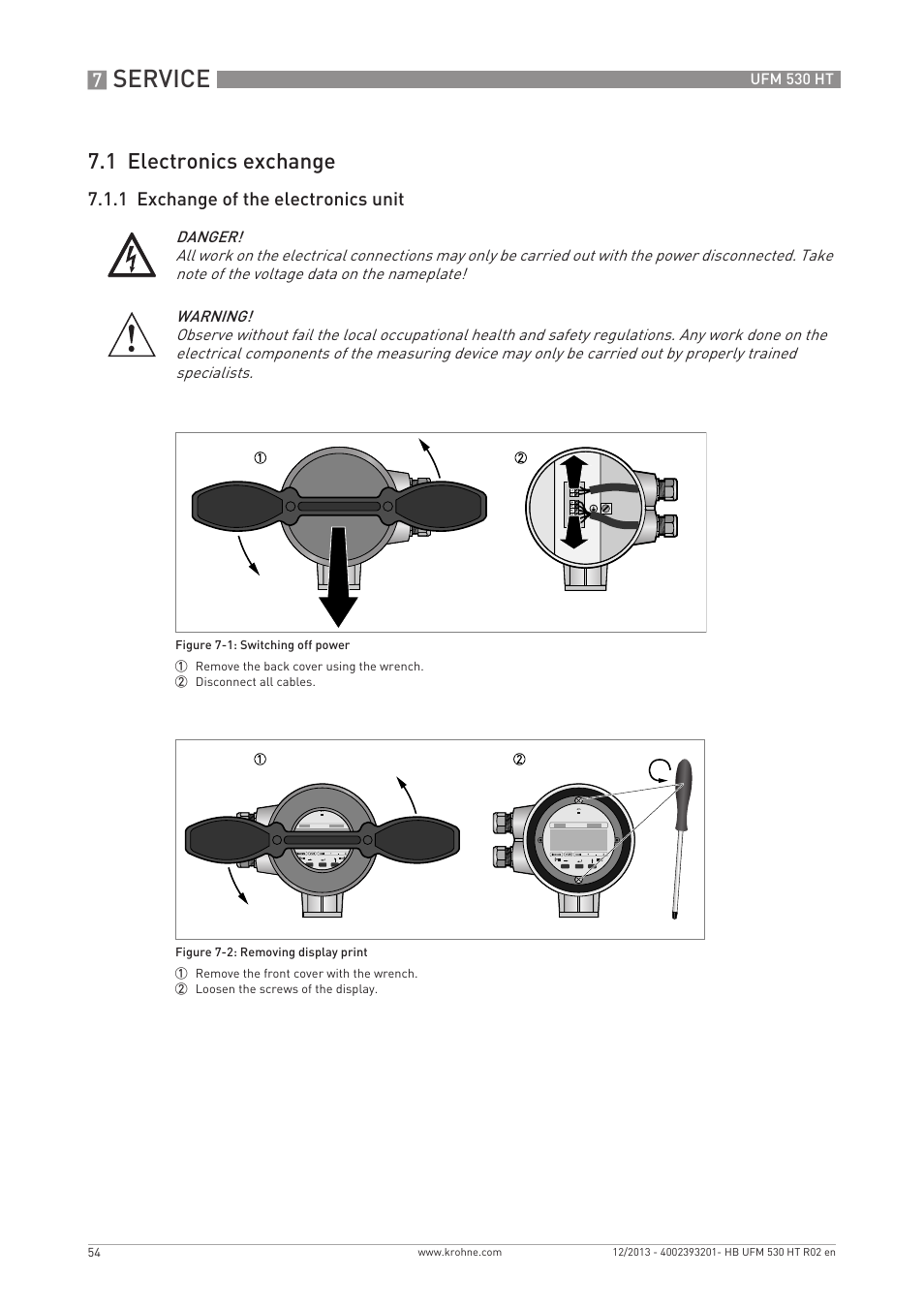 Service, 1 electronics exchange, 1 exchange of the electronics unit | KROHNE UFM 530 HT EN User Manual | Page 54 / 68