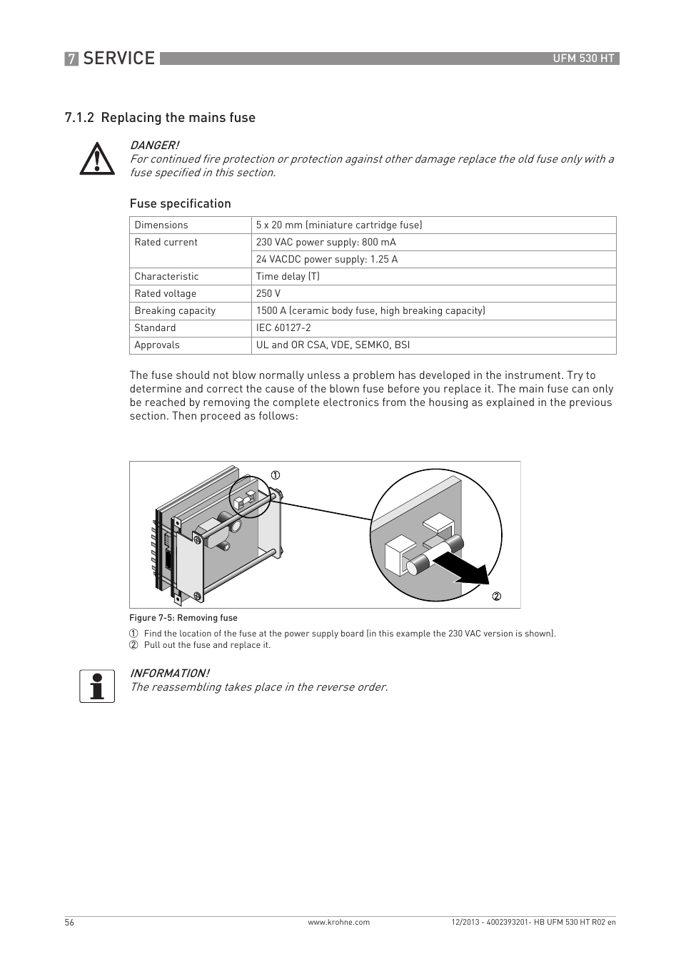 Service, 2 replacing the mains fuse | KROHNE UFM 530 HT EN User Manual | Page 56 / 68