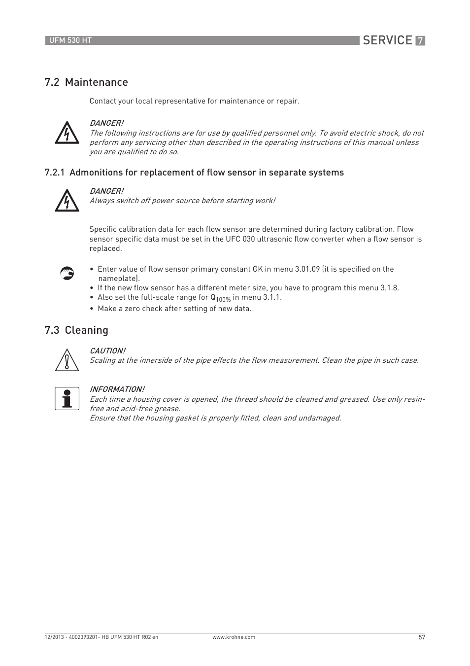 Service, 2 maintenance, 3 cleaning | KROHNE UFM 530 HT EN User Manual | Page 57 / 68