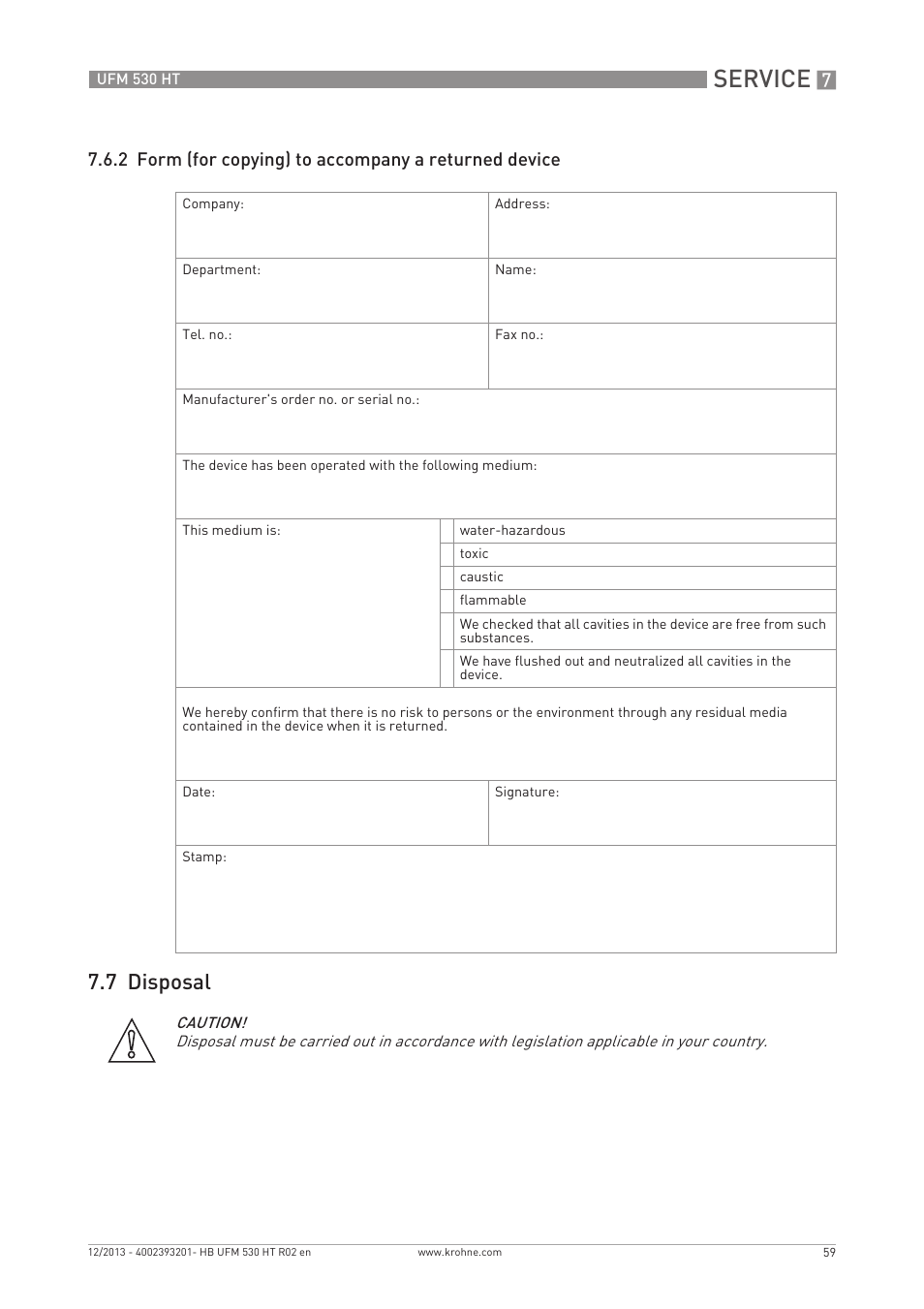 Service, 7 disposal | KROHNE UFM 530 HT EN User Manual | Page 59 / 68