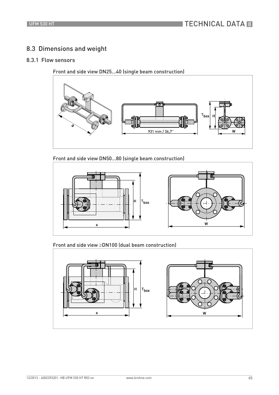 Technical data, 3 dimensions and weight | KROHNE UFM 530 HT EN User Manual | Page 65 / 68