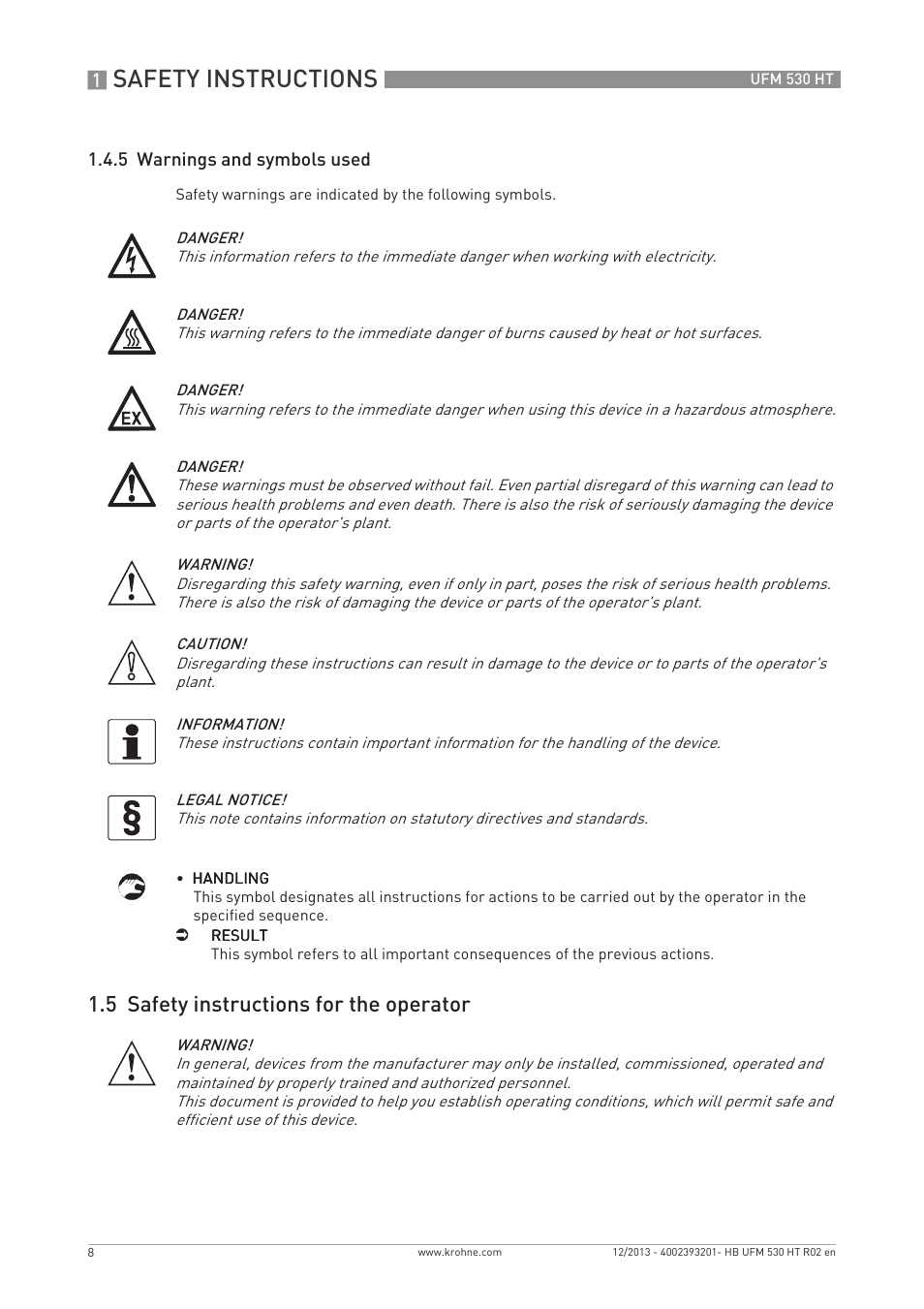 Safety instructions, 5 safety instructions for the operator | KROHNE UFM 530 HT EN User Manual | Page 8 / 68