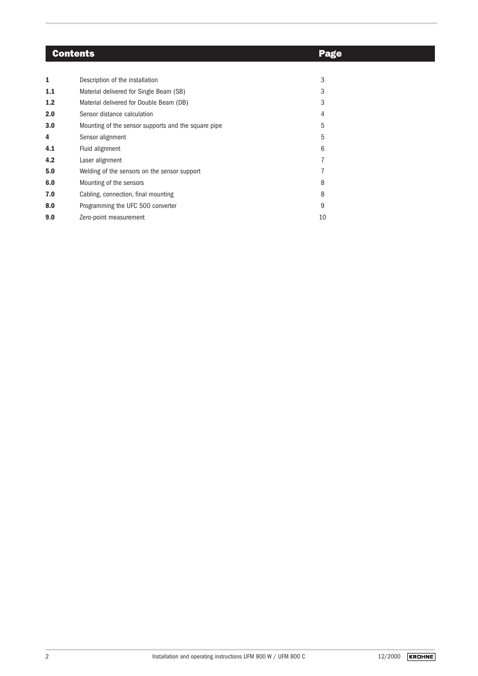 Contents page | KROHNE UFM 800 EN User Manual | Page 2 / 10