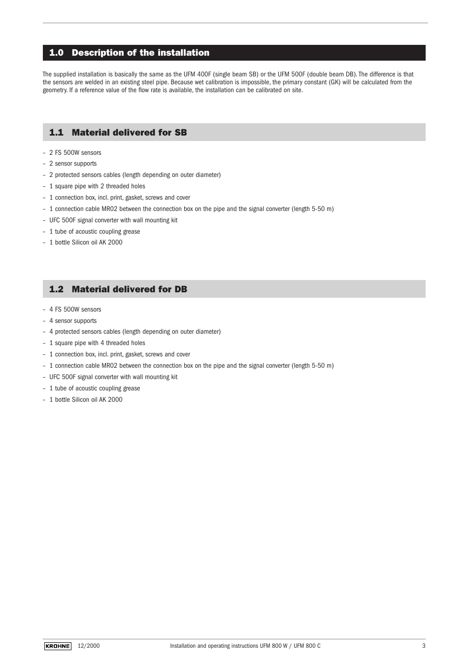 0 description of the installation, 1 material delivered for sb, 2 material delivered for db | KROHNE UFM 800 EN User Manual | Page 3 / 10