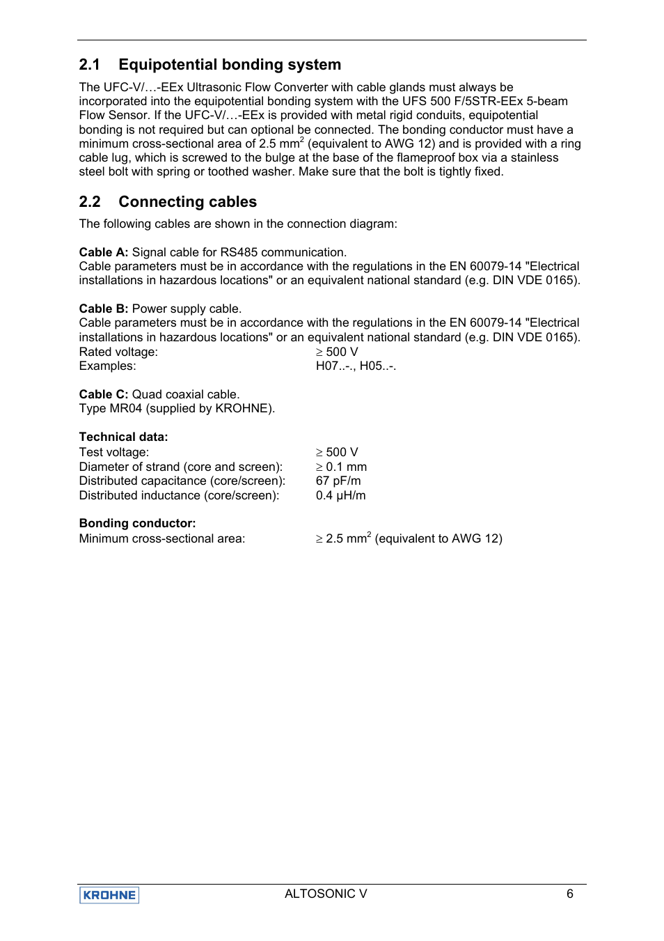 1 equipotential bonding system, 2 connecting cables | KROHNE ALTOSONIC V EEx EN User Manual | Page 10 / 28