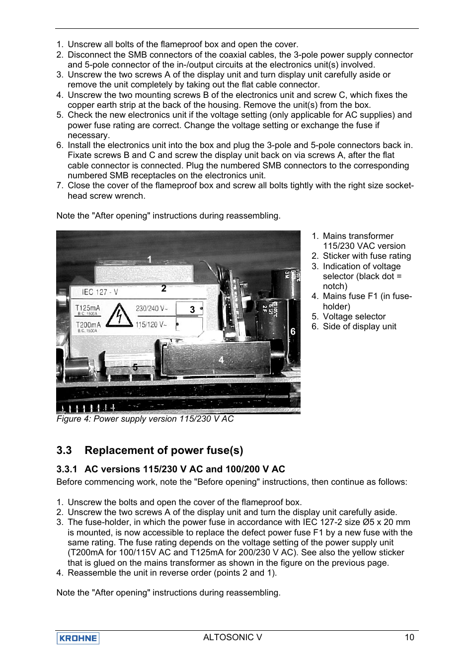 3 replacement of power fuse(s) | KROHNE ALTOSONIC V EEx EN User Manual | Page 14 / 28