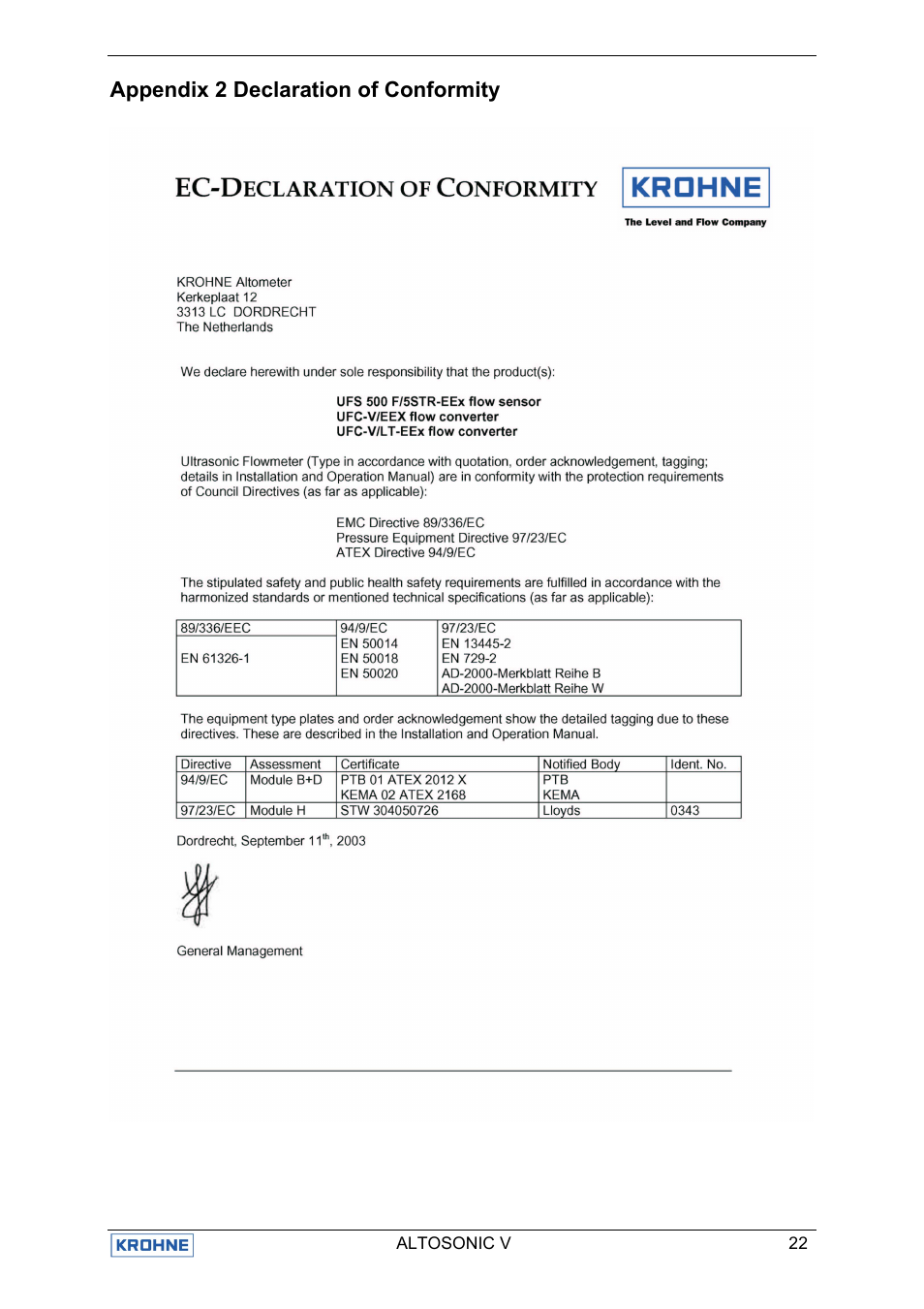 Appendix 2 declaration of conformity | KROHNE ALTOSONIC V EEx EN User Manual | Page 26 / 28