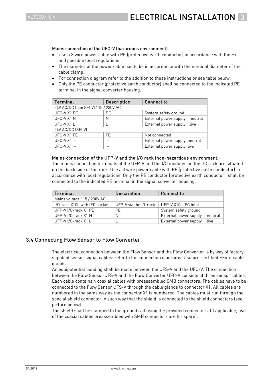 Electrical installation, 4 connecting flow sensor to flow converter | KROHNE ALTOSONIC V Installation EN User Manual | Page 15 / 31