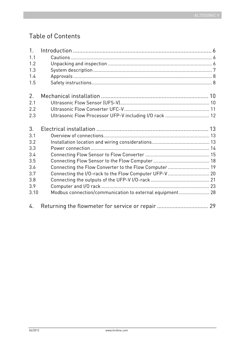 1table of contents | KROHNE ALTOSONIC V Installation EN User Manual | Page 5 / 31