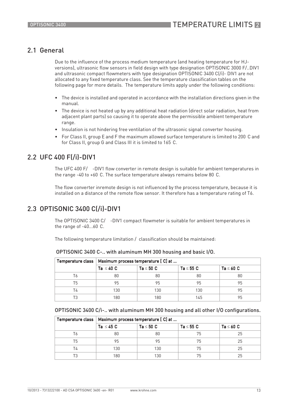 Temperature limits, 1 general | KROHNE OPTISONIC 3400 CSA EN User Manual | Page 13 / 32