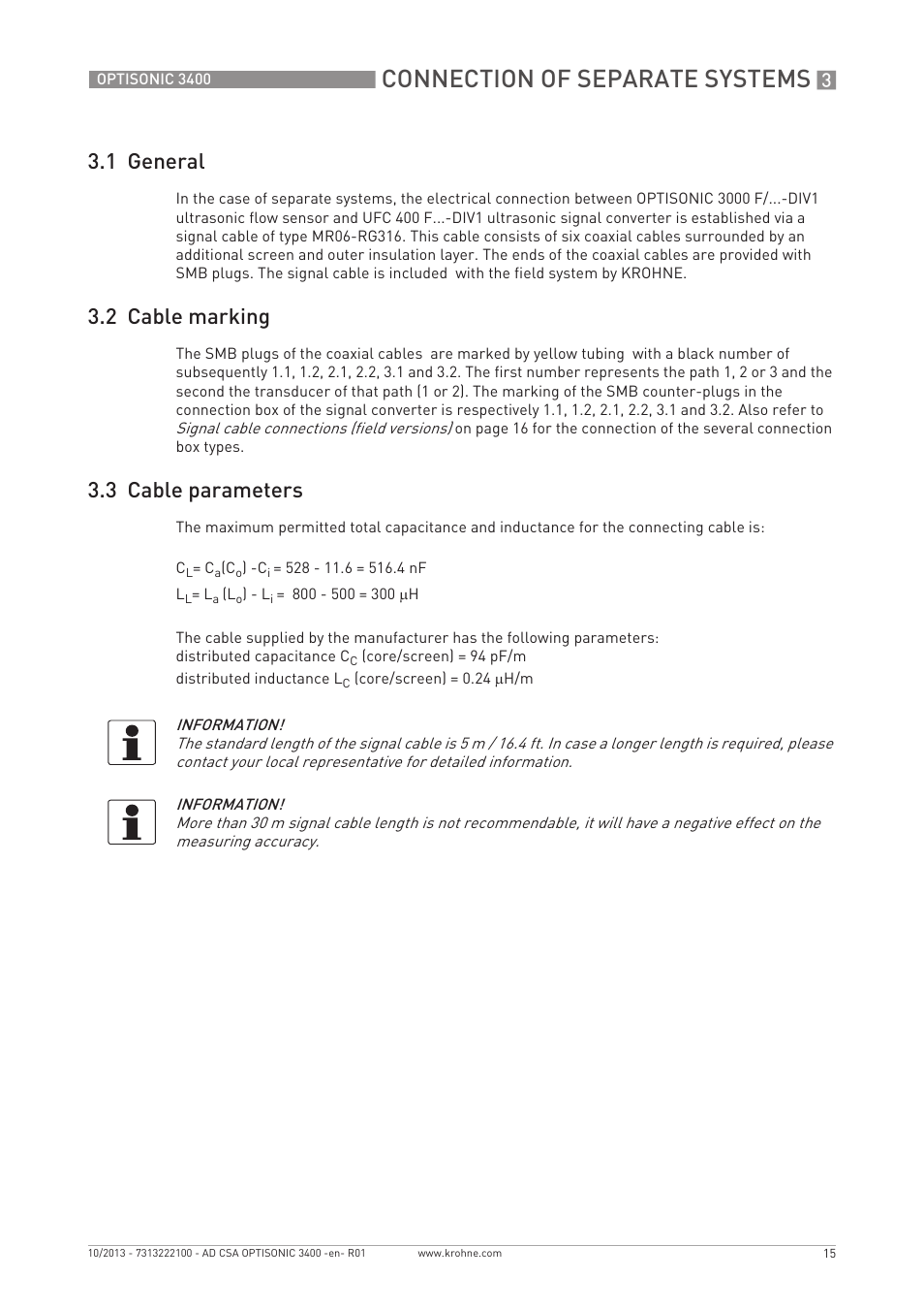 Connection of separate systems, 1 general, 2 cable marking | 3 cable parameters | KROHNE OPTISONIC 3400 CSA EN User Manual | Page 15 / 32