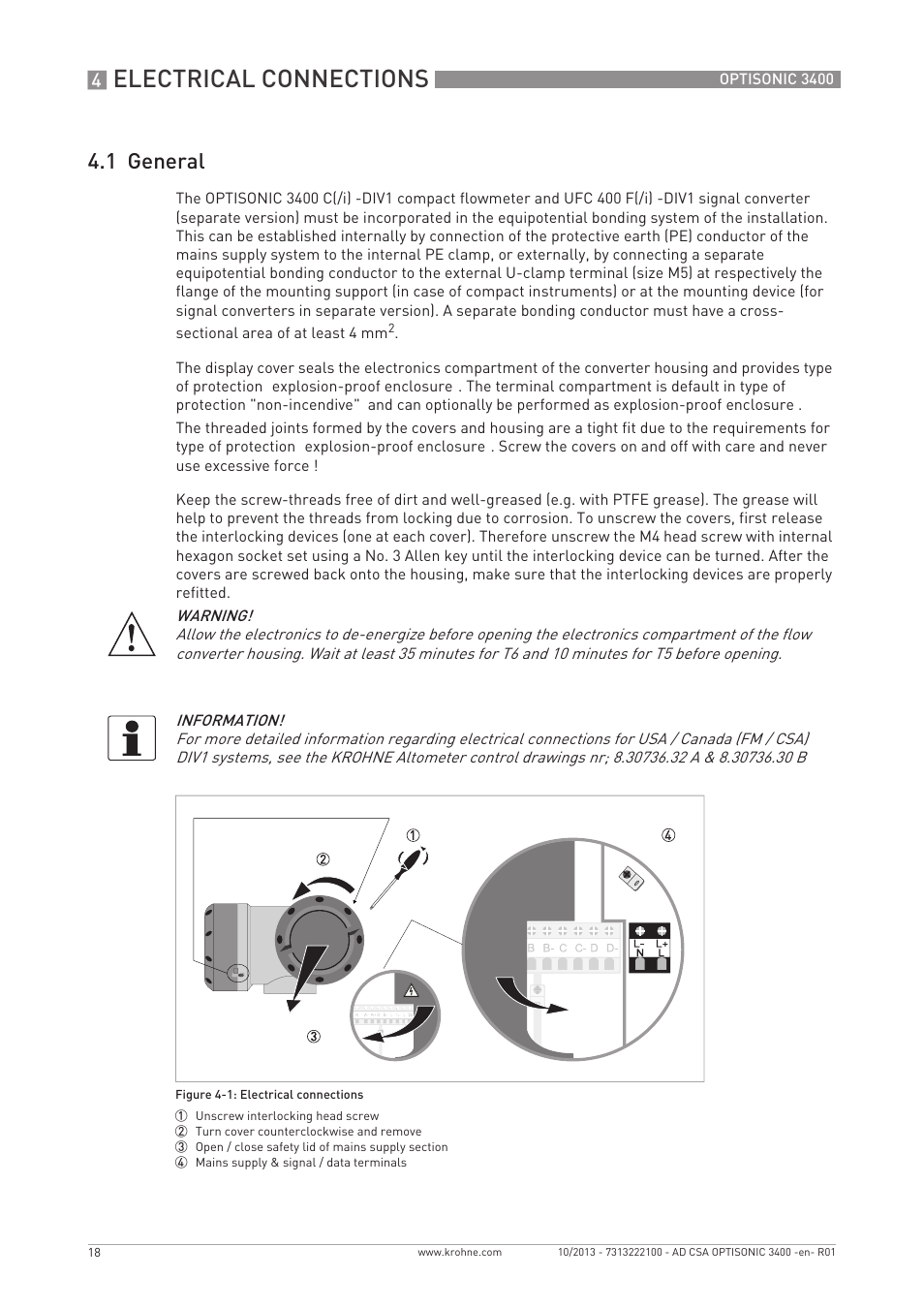 Electrical connections, 1 general | KROHNE OPTISONIC 3400 CSA EN User Manual | Page 18 / 32