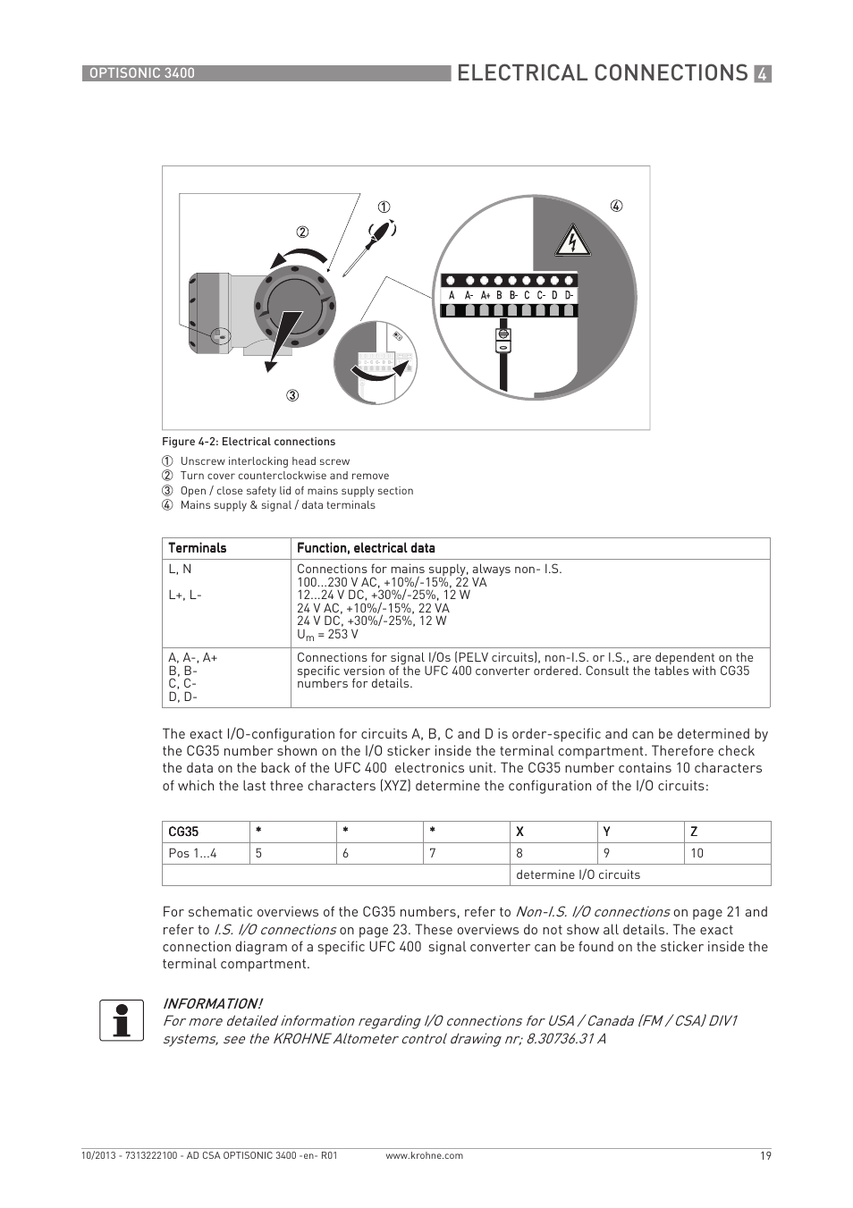 Electrical connections | KROHNE OPTISONIC 3400 CSA EN User Manual | Page 19 / 32