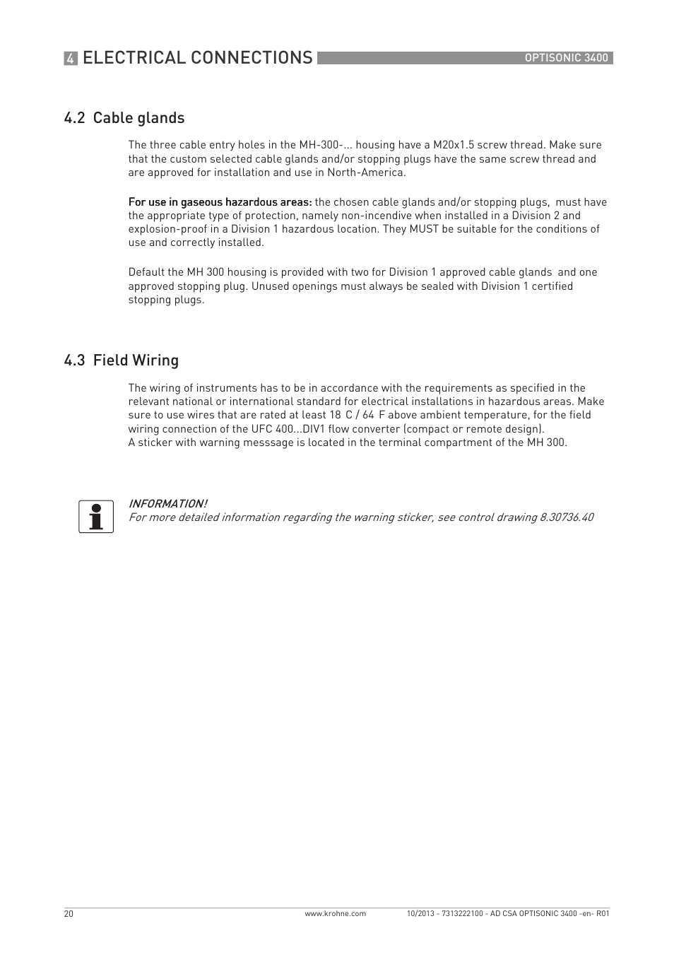 Electrical connections, 2 cable glands, 3 field wiring | KROHNE OPTISONIC 3400 CSA EN User Manual | Page 20 / 32