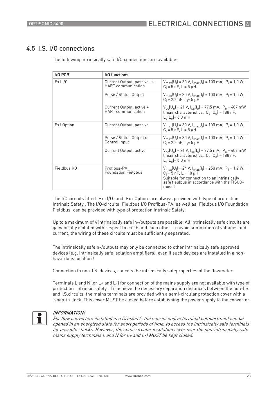 Electrical connections, 5 i.s. i/o connections | KROHNE OPTISONIC 3400 CSA EN User Manual | Page 23 / 32