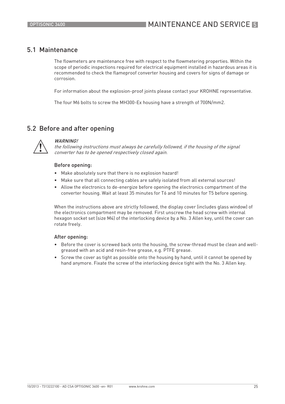 Maintenance and service, 1 maintenance, 2 before and after opening | KROHNE OPTISONIC 3400 CSA EN User Manual | Page 25 / 32