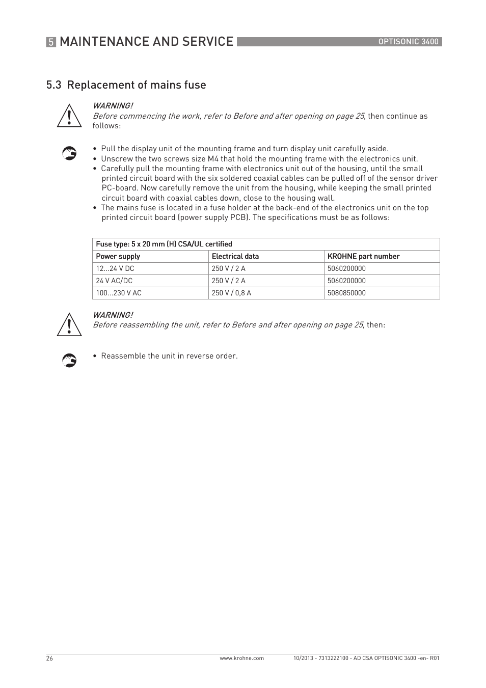 Maintenance and service, 3 replacement of mains fuse | KROHNE OPTISONIC 3400 CSA EN User Manual | Page 26 / 32