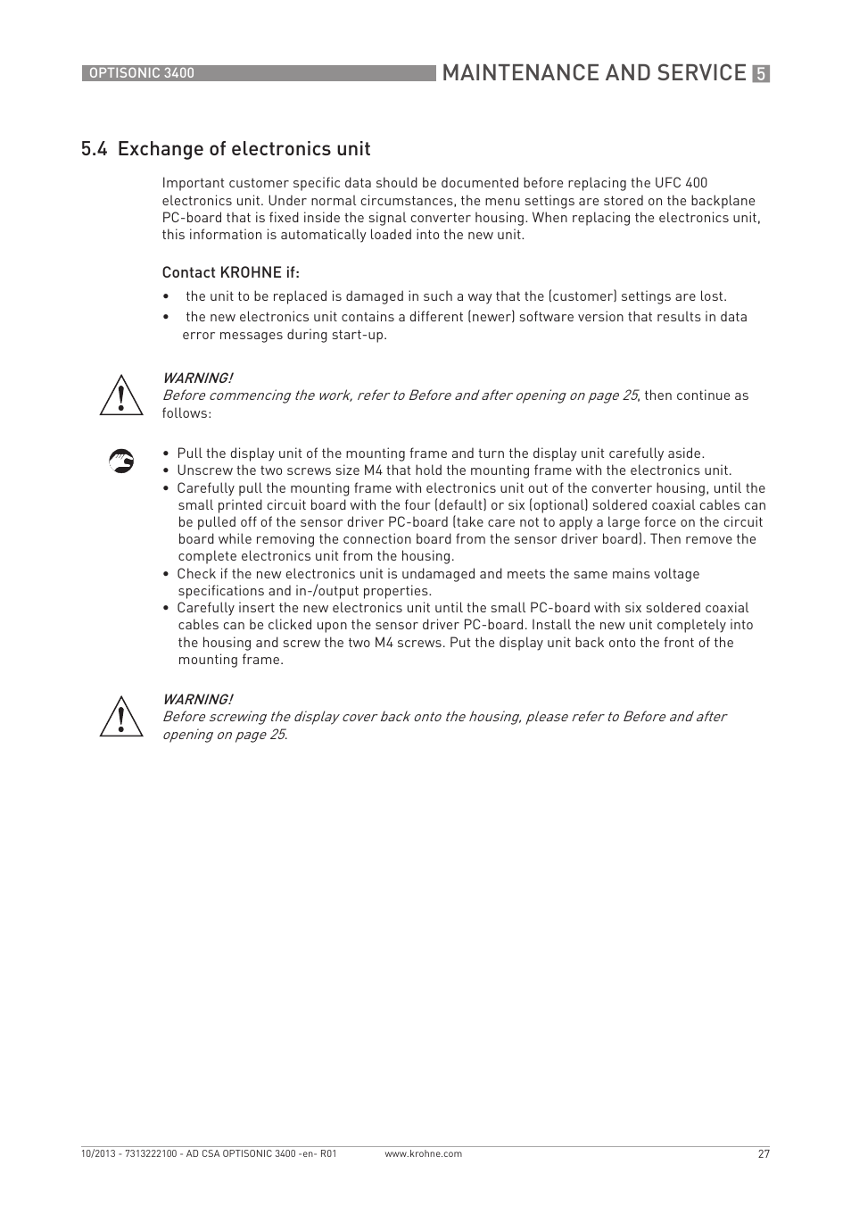 Maintenance and service, 4 exchange of electronics unit | KROHNE OPTISONIC 3400 CSA EN User Manual | Page 27 / 32