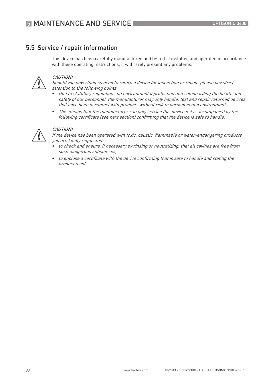 Maintenance and service, 5 service / repair information | KROHNE OPTISONIC 3400 CSA EN User Manual | Page 30 / 32