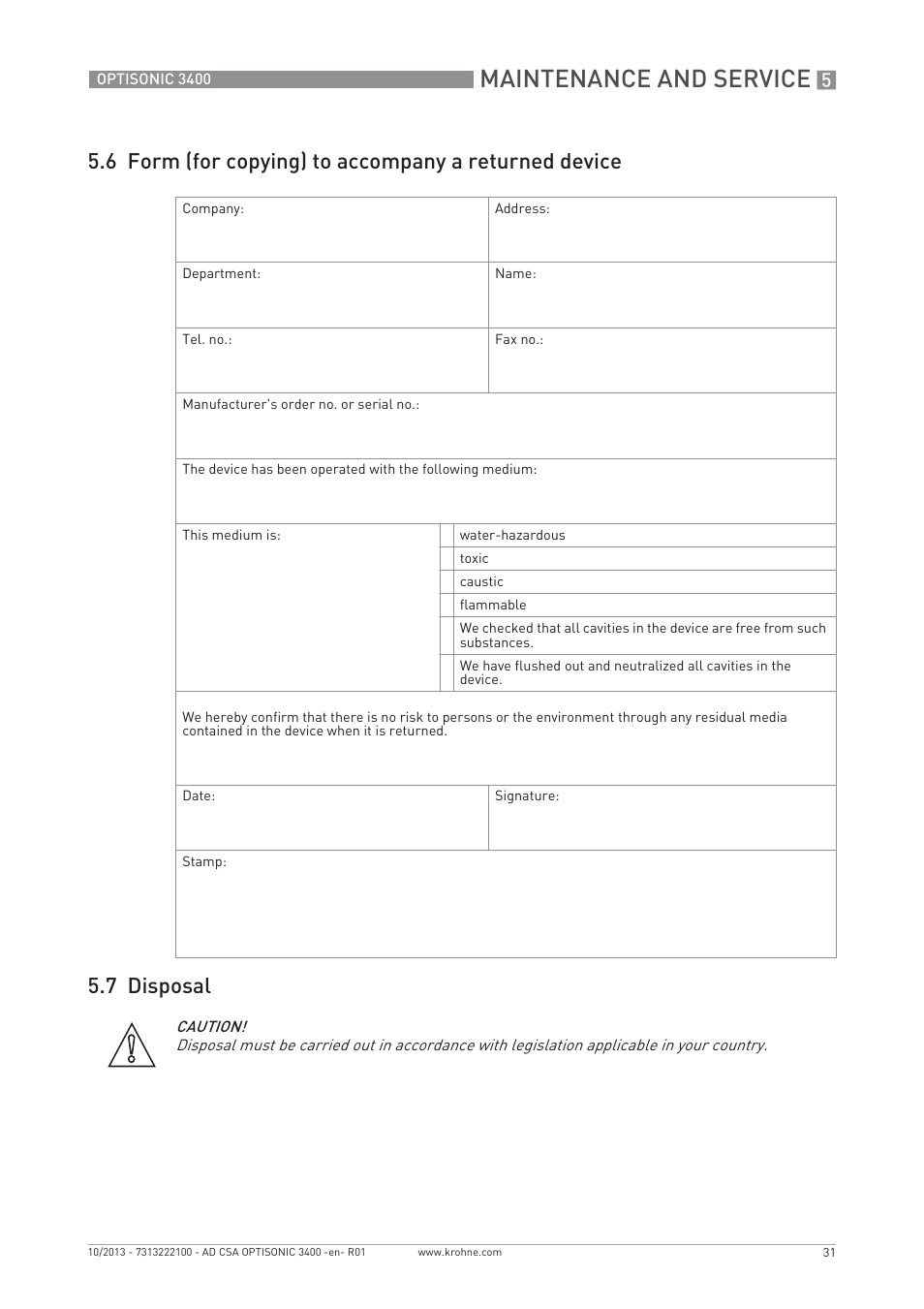 Maintenance and service | KROHNE OPTISONIC 3400 CSA EN User Manual | Page 31 / 32