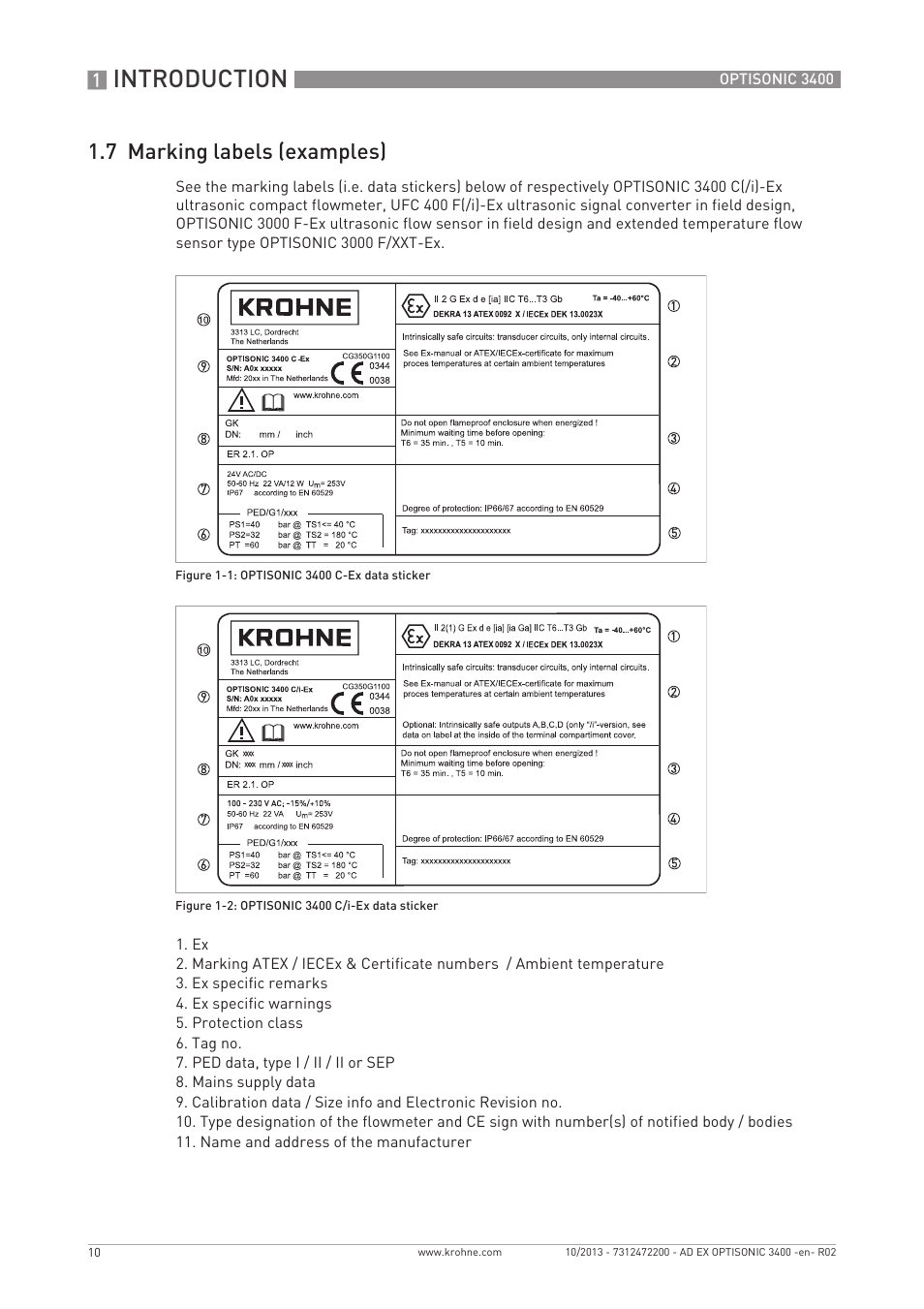 Introduction, 7 marking labels (examples) | KROHNE OPTISONIC 3400 Ex EN User Manual | Page 10 / 36