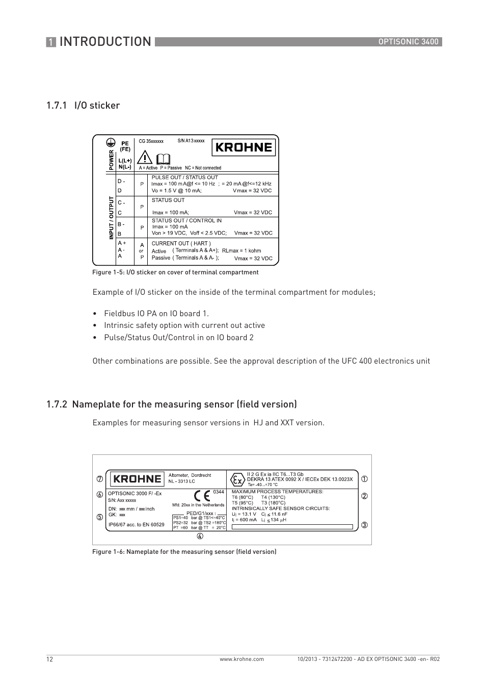 Introduction, 1 i/o sticker | KROHNE OPTISONIC 3400 Ex EN User Manual | Page 12 / 36