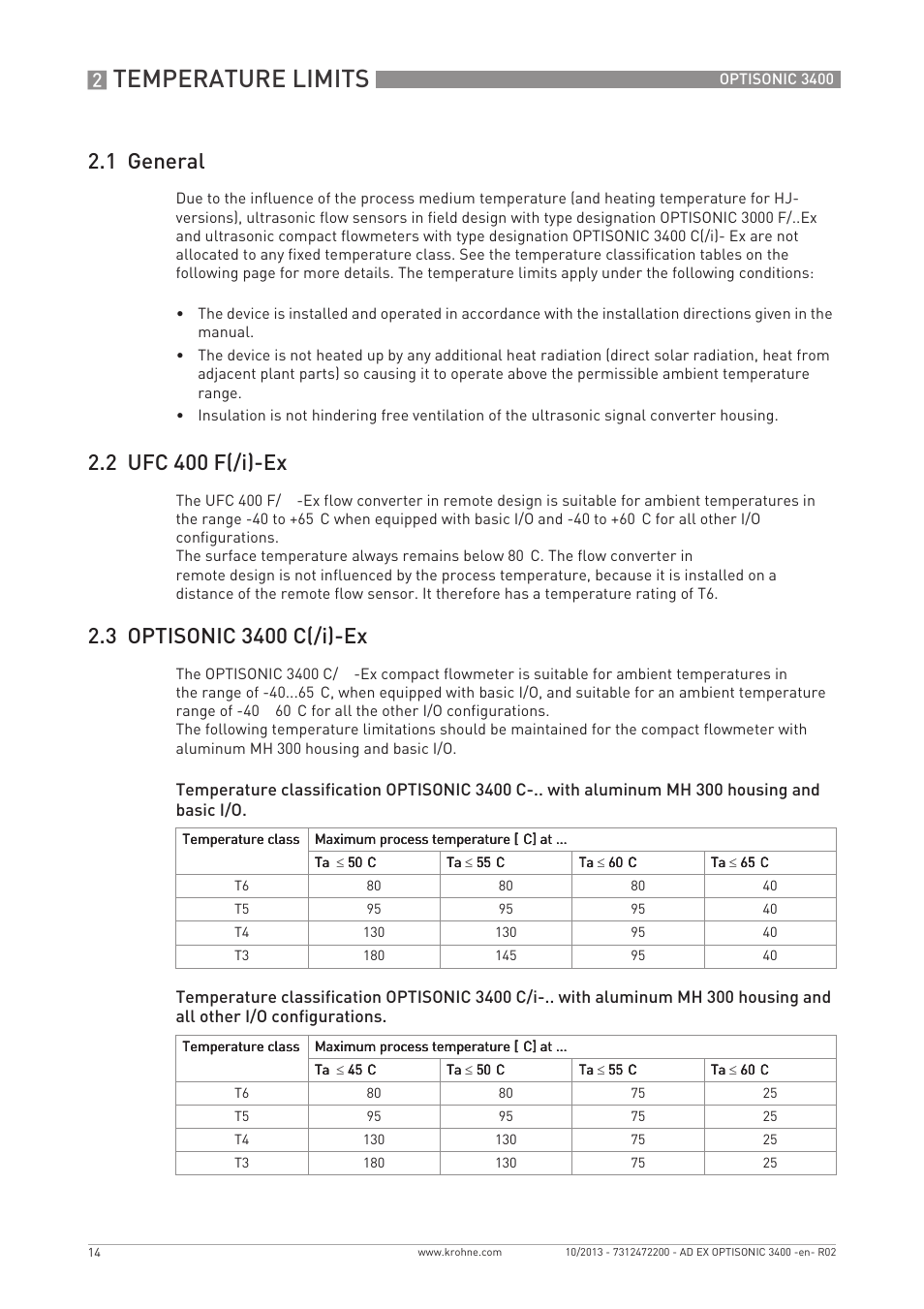 Temperature limits, 1 general, 2 ufc 400 f(/i)-ex | KROHNE OPTISONIC 3400 Ex EN User Manual | Page 14 / 36