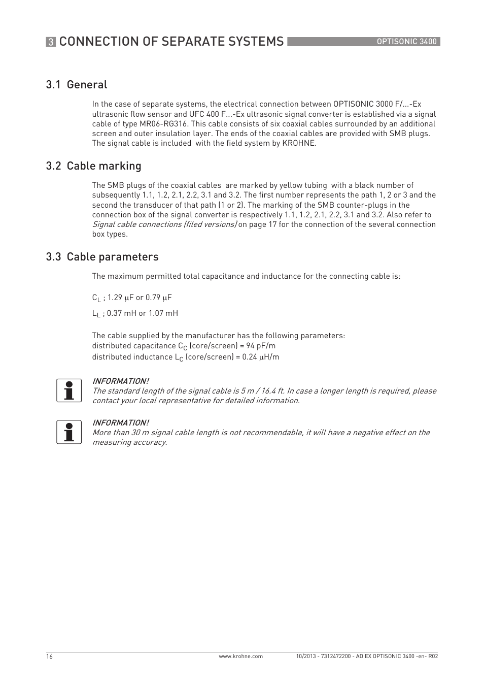 Connection of separate systems, 1 general, 2 cable marking | 3 cable parameters | KROHNE OPTISONIC 3400 Ex EN User Manual | Page 16 / 36