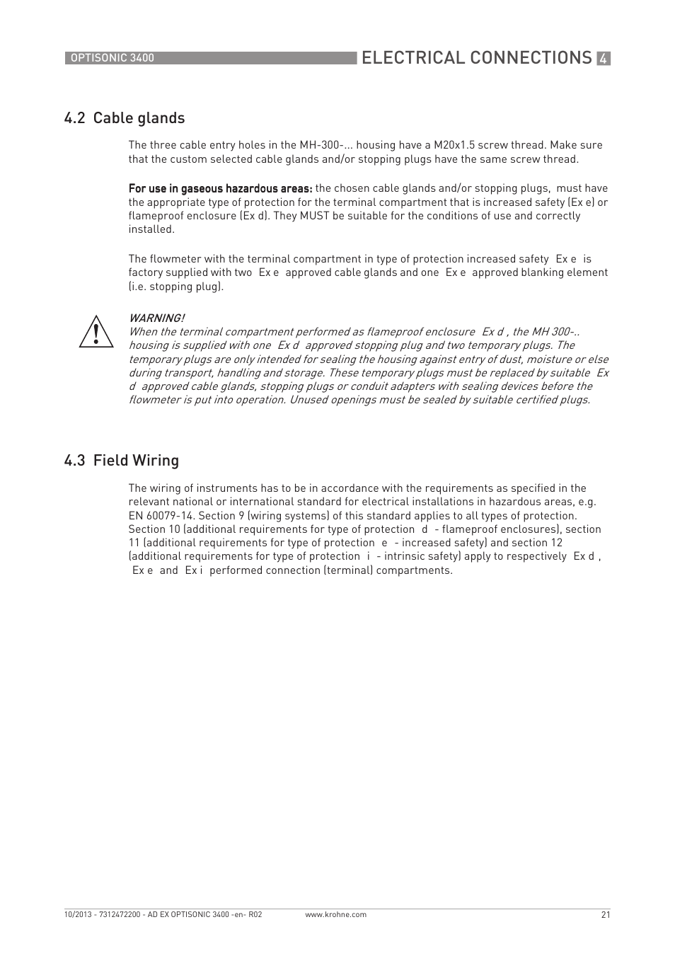 Electrical connections, 2 cable glands, 3 field wiring | KROHNE OPTISONIC 3400 Ex EN User Manual | Page 21 / 36