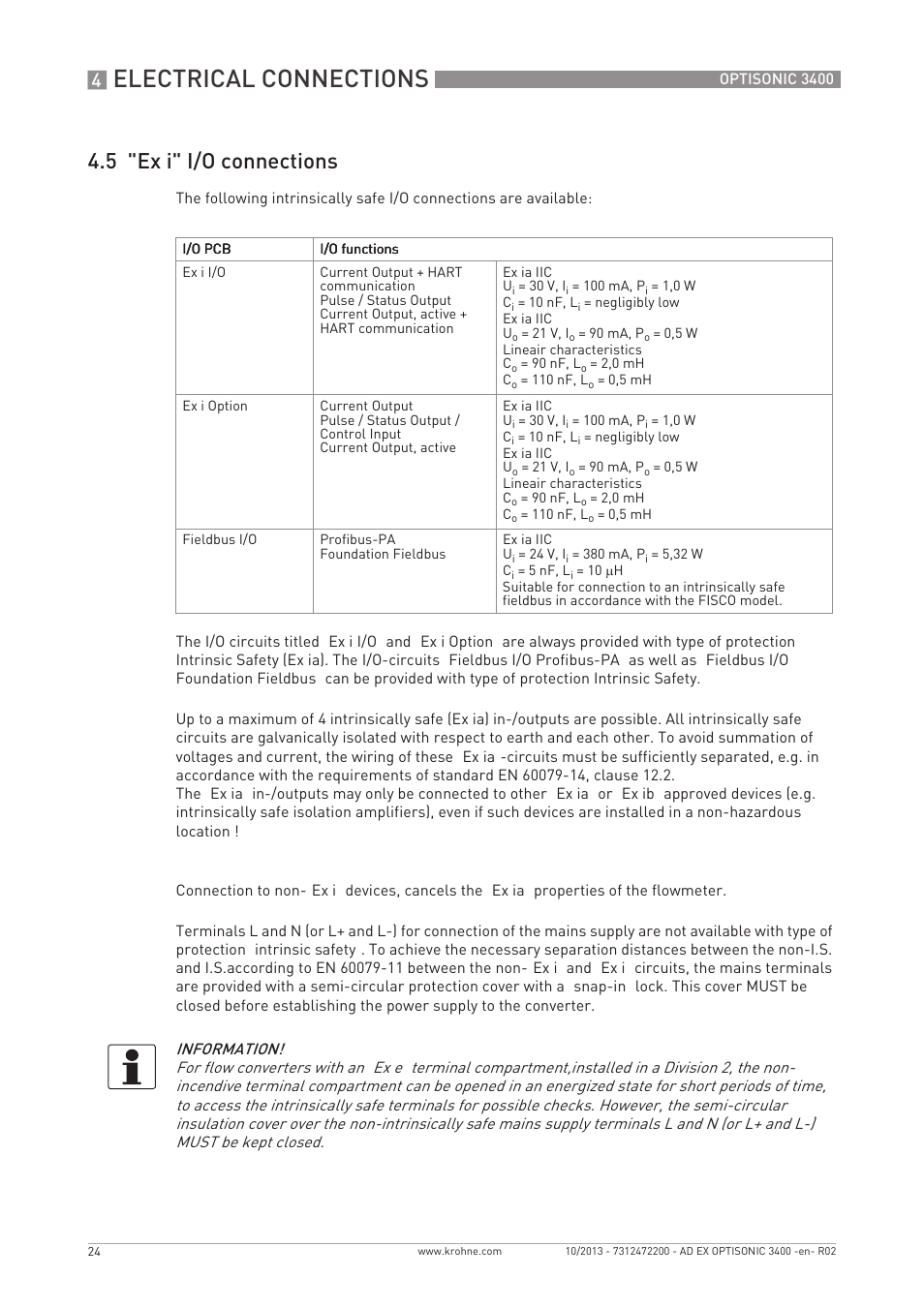 Electrical connections, 5 "ex i" i/o connections | KROHNE OPTISONIC 3400 Ex EN User Manual | Page 24 / 36