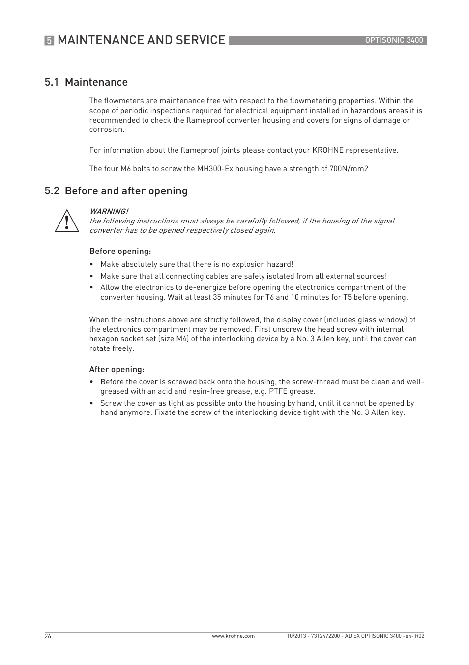 Maintenance and service, 1 maintenance, 2 before and after opening | KROHNE OPTISONIC 3400 Ex EN User Manual | Page 26 / 36