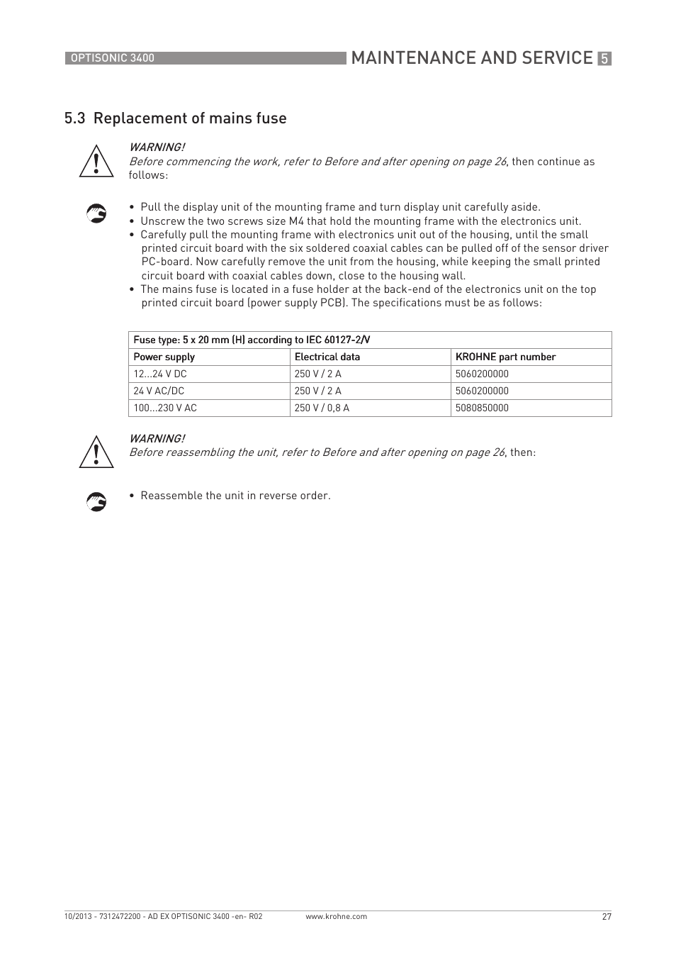 Maintenance and service, 3 replacement of mains fuse | KROHNE OPTISONIC 3400 Ex EN User Manual | Page 27 / 36