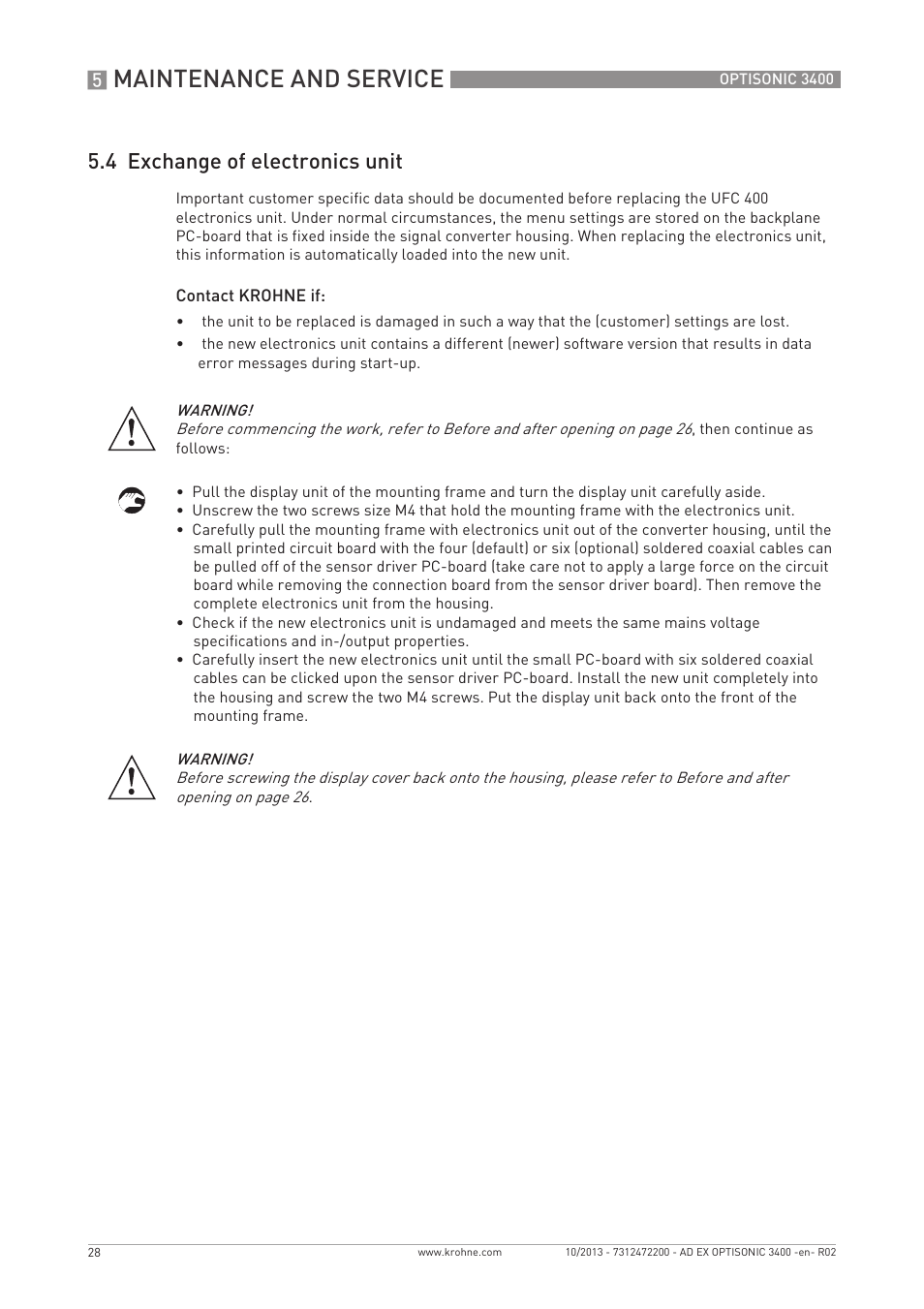 Maintenance and service, 4 exchange of electronics unit | KROHNE OPTISONIC 3400 Ex EN User Manual | Page 28 / 36