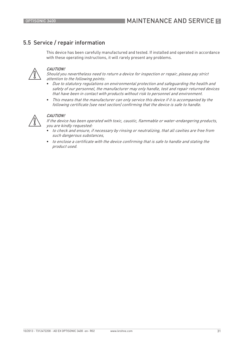 Maintenance and service, 5 service / repair information | KROHNE OPTISONIC 3400 Ex EN User Manual | Page 31 / 36