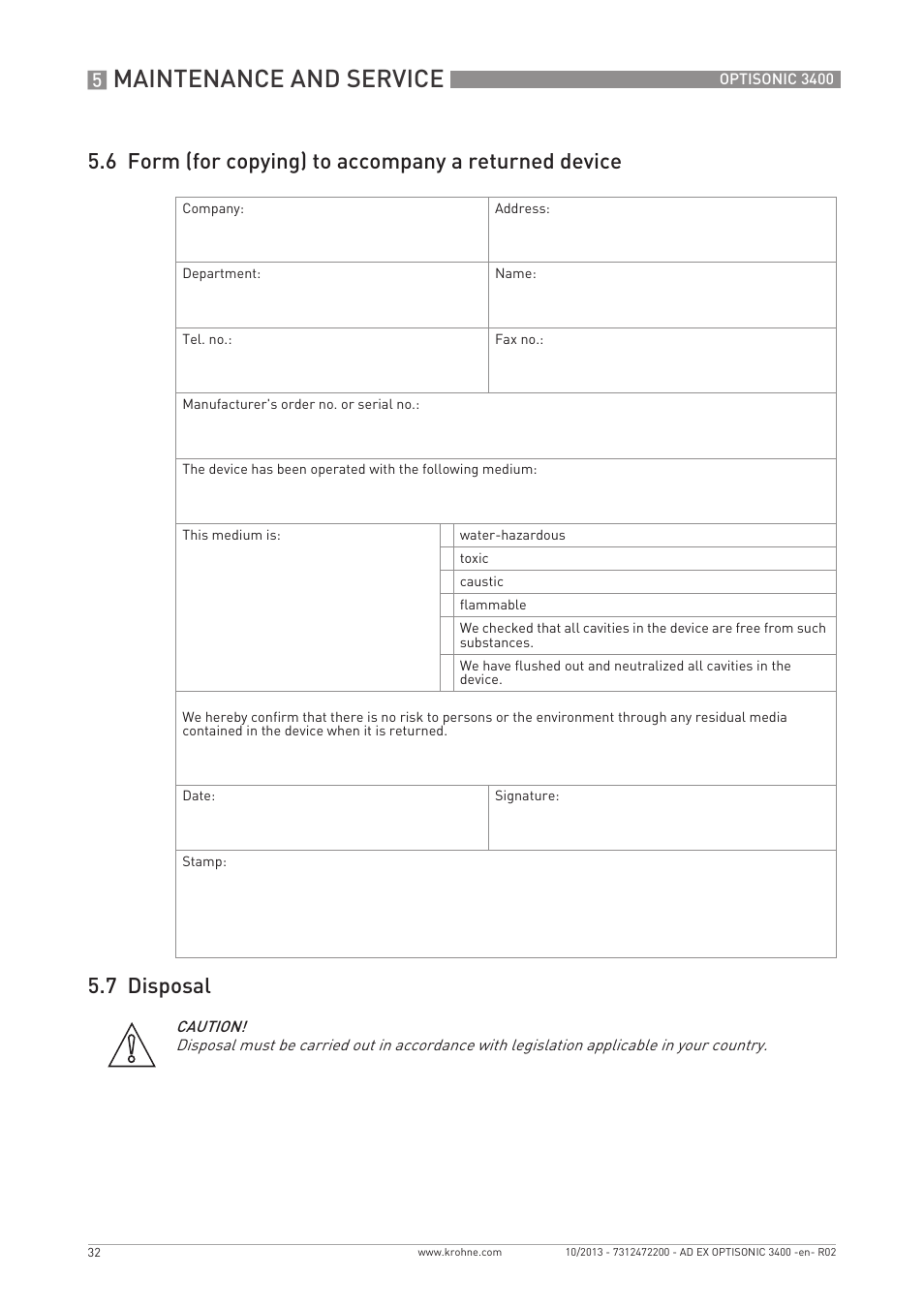 Maintenance and service | KROHNE OPTISONIC 3400 Ex EN User Manual | Page 32 / 36