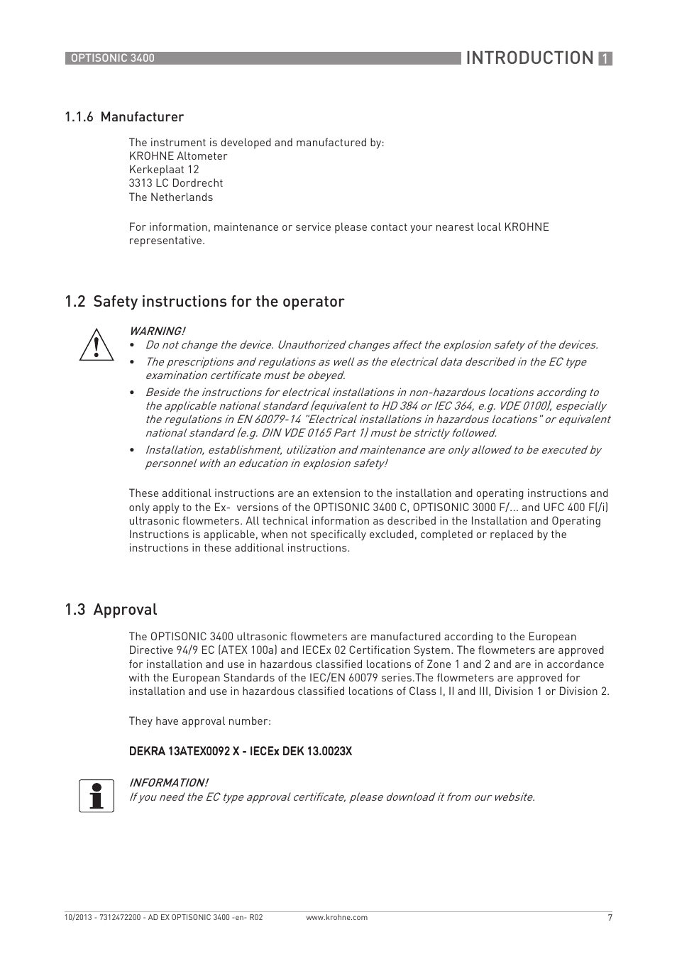 Introduction, 2 safety instructions for the operator, 3 approval | KROHNE OPTISONIC 3400 Ex EN User Manual | Page 7 / 36