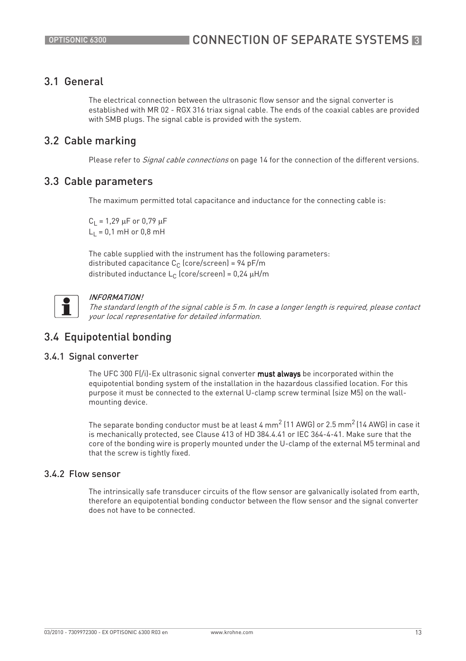 Connection of separate systems, 1 general, 2 cable marking | 3 cable parameters, 4 equipotential bonding | KROHNE OPTISONIC 6300 EEx EN User Manual | Page 13 / 28