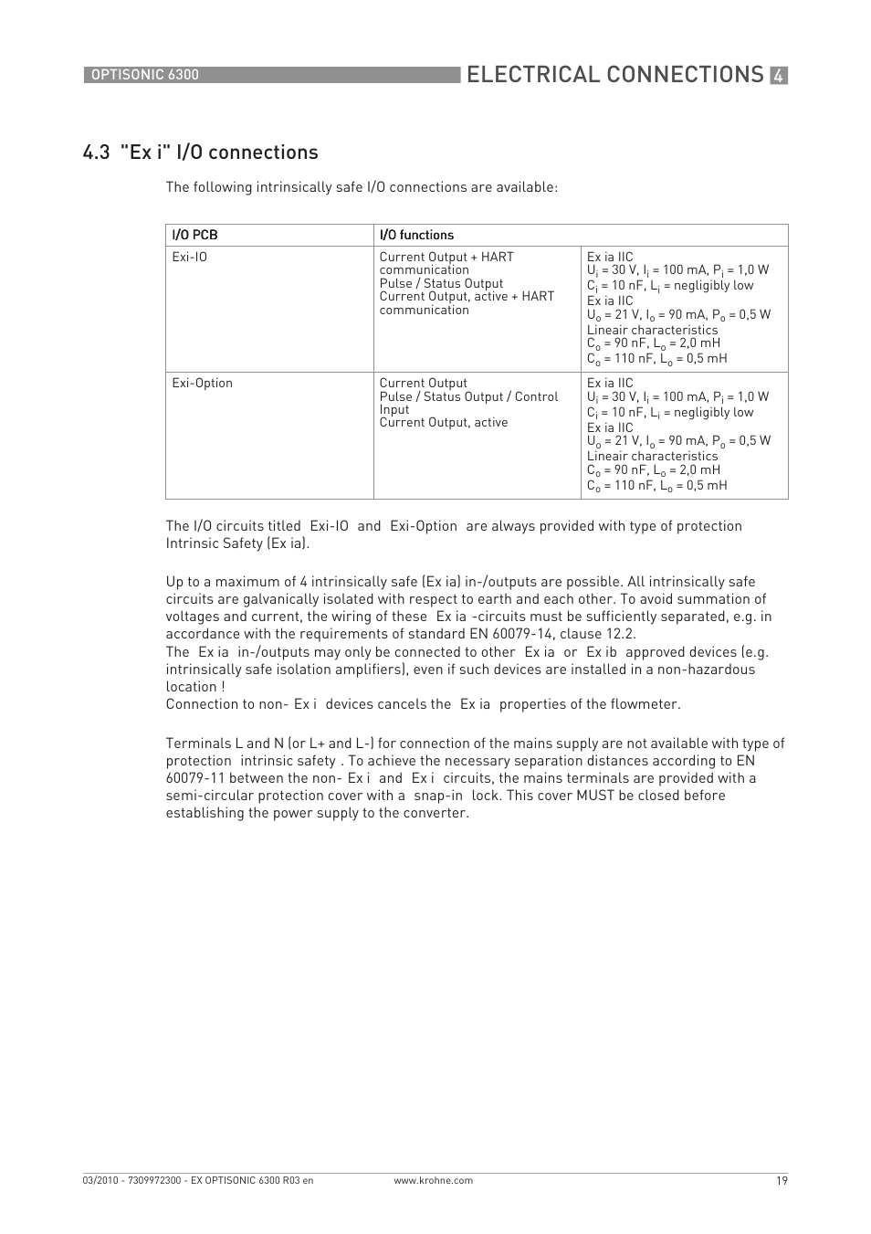 Electrical connections, 3 "ex i" i/o connections | KROHNE OPTISONIC 6300 EEx EN User Manual | Page 19 / 28