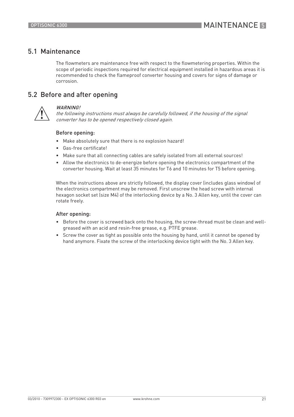 Maintenance, 1 maintenance, 2 before and after opening | KROHNE OPTISONIC 6300 EEx EN User Manual | Page 21 / 28