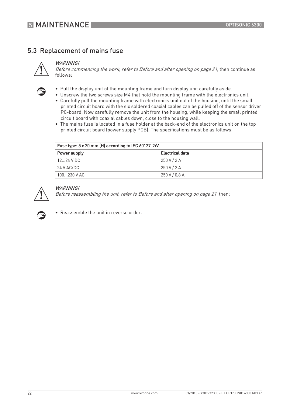 Maintenance, 3 replacement of mains fuse | KROHNE OPTISONIC 6300 EEx EN User Manual | Page 22 / 28