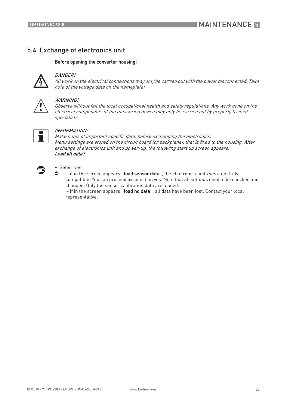 Maintenance, 4 exchange of electronics unit | KROHNE OPTISONIC 6300 EEx EN User Manual | Page 23 / 28