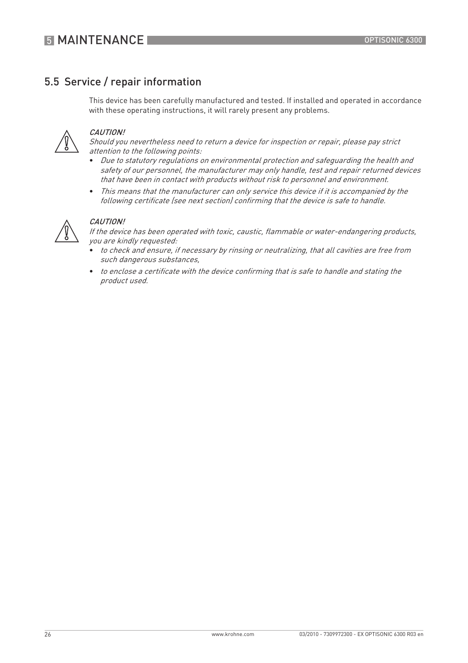 Maintenance, 5 service / repair information | KROHNE OPTISONIC 6300 EEx EN User Manual | Page 26 / 28