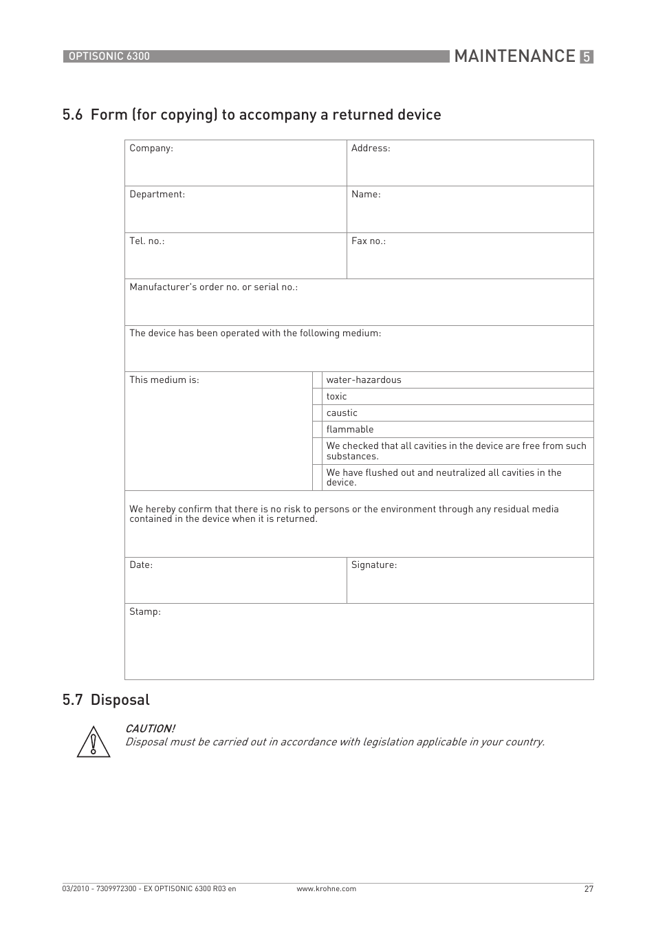 Maintenance | KROHNE OPTISONIC 6300 EEx EN User Manual | Page 27 / 28