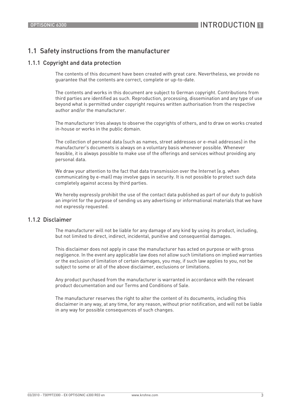 Introduction, 1 safety instructions from the manufacturer | KROHNE OPTISONIC 6300 EEx EN User Manual | Page 3 / 28