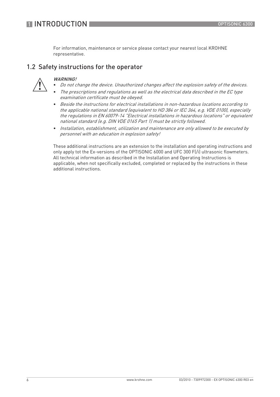 Introduction, 2 safety instructions for the operator | KROHNE OPTISONIC 6300 EEx EN User Manual | Page 6 / 28