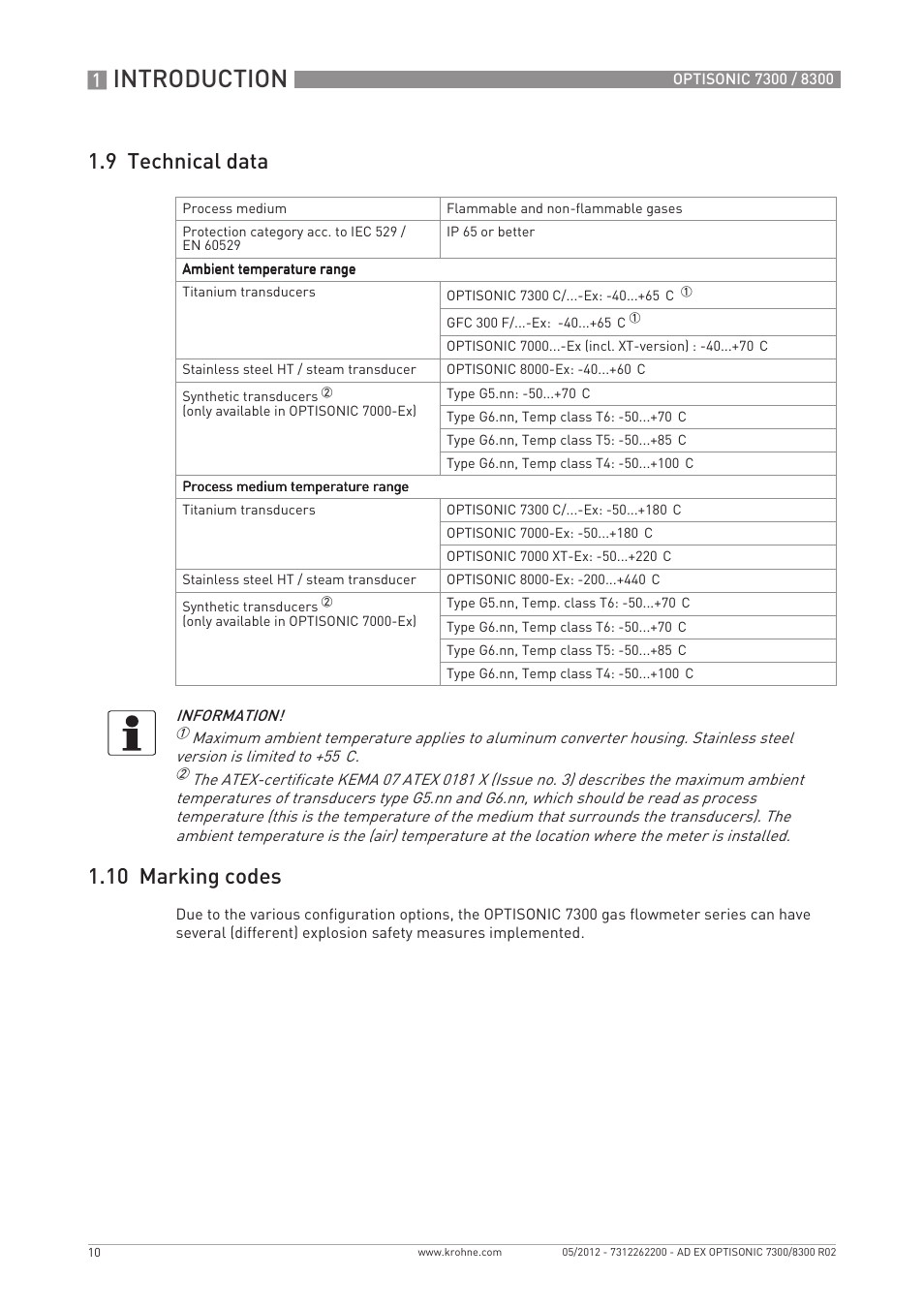 Introduction, 9 technical data 1.10 marking codes | KROHNE OPTISONIC 7300 Ex EN User Manual | Page 10 / 36
