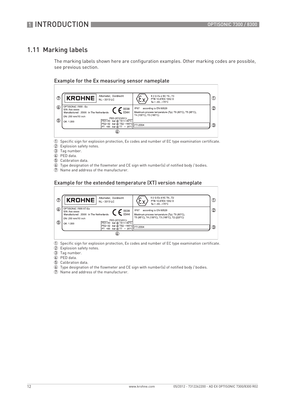 Introduction, 11 marking labels | KROHNE OPTISONIC 7300 Ex EN User Manual | Page 12 / 36