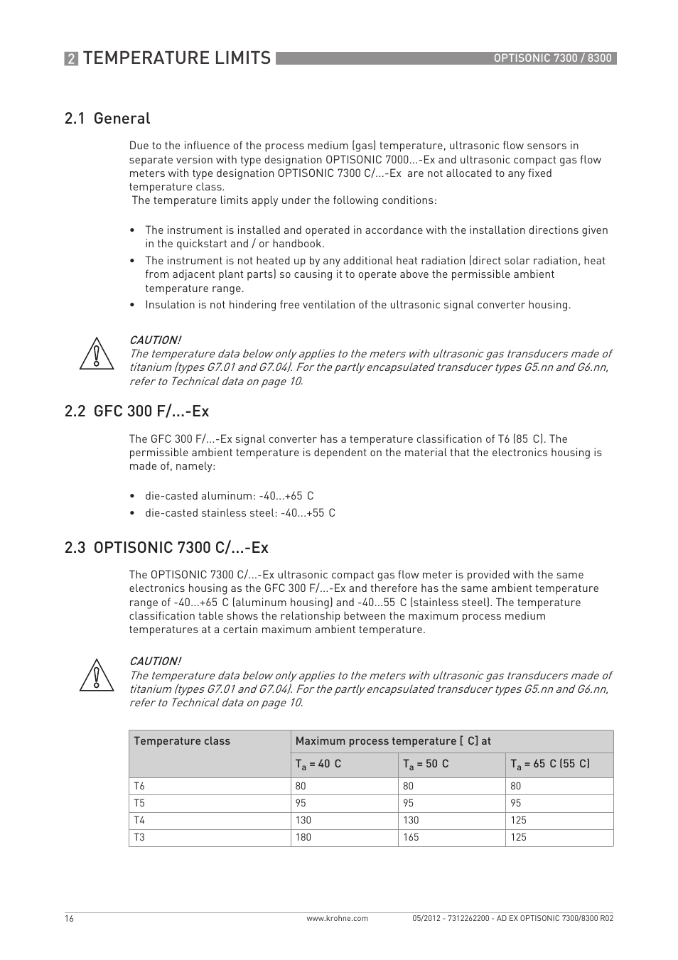Temperature limits, 1 general, 2 gfc 300 f/...-ex | KROHNE OPTISONIC 7300 Ex EN User Manual | Page 16 / 36