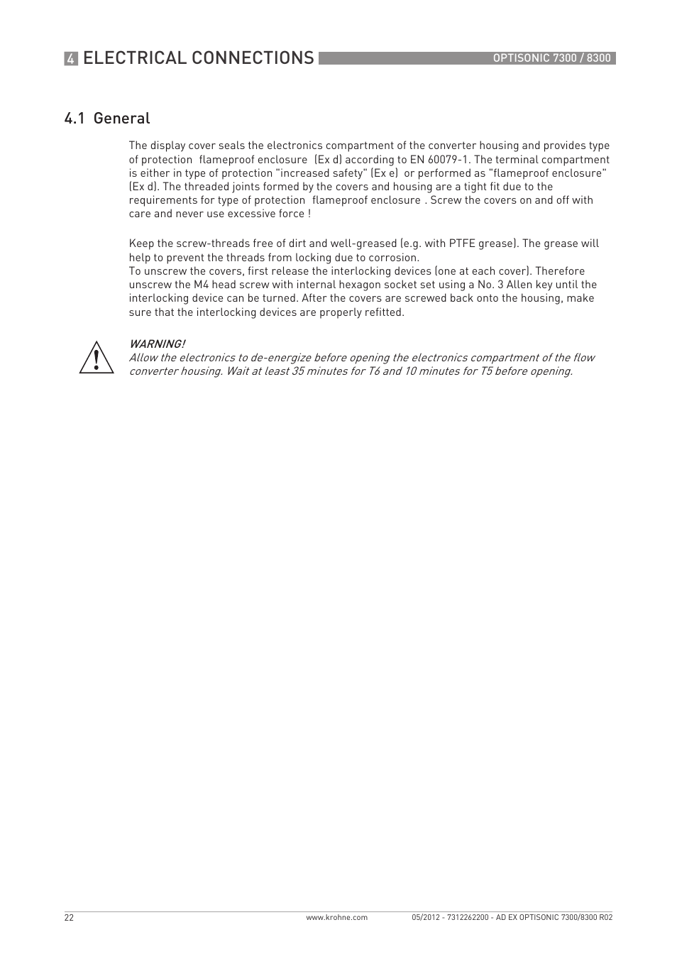 Electrical connections, 1 general | KROHNE OPTISONIC 7300 Ex EN User Manual | Page 22 / 36